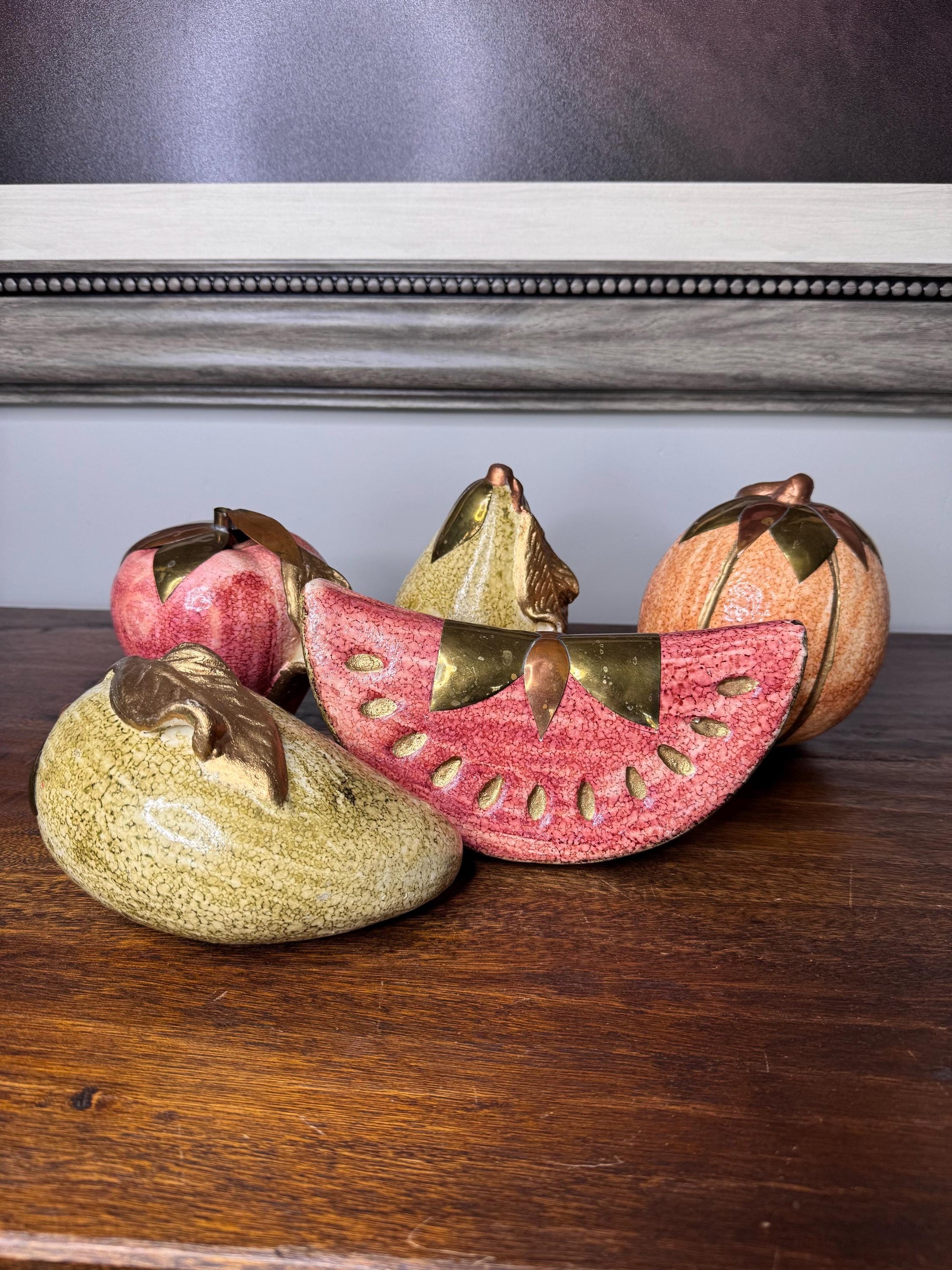 Vintage Large Ceramic Fruit w/ Brass Accents
