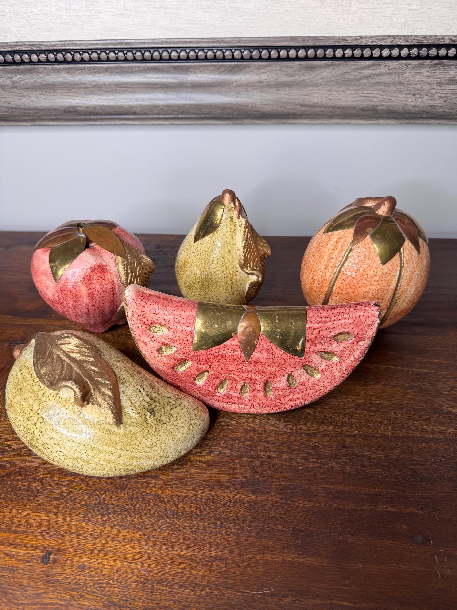 Vintage Large Ceramic Fruit w/ Brass Accents
