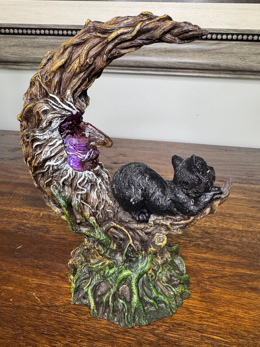 Brand NIB LED Light- Up Black Cat Sleeping on Moon Figurine