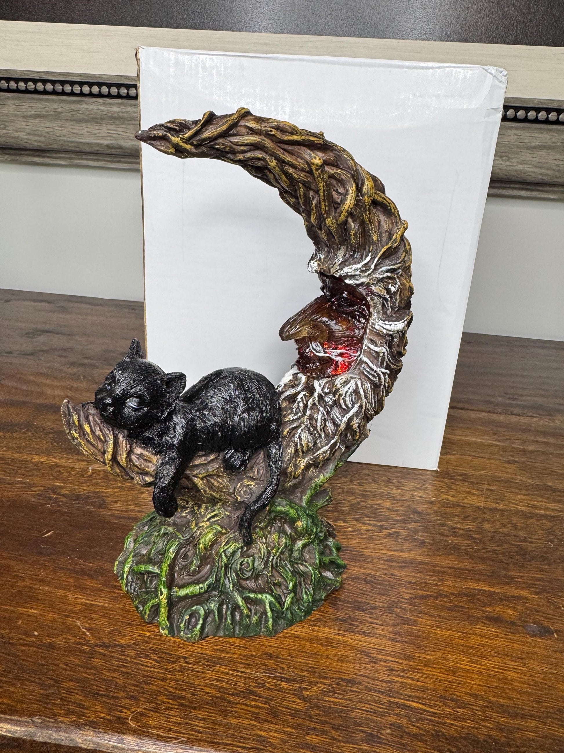 Brand NIB LED Light- Up Black Cat Sleeping on Moon Figurine