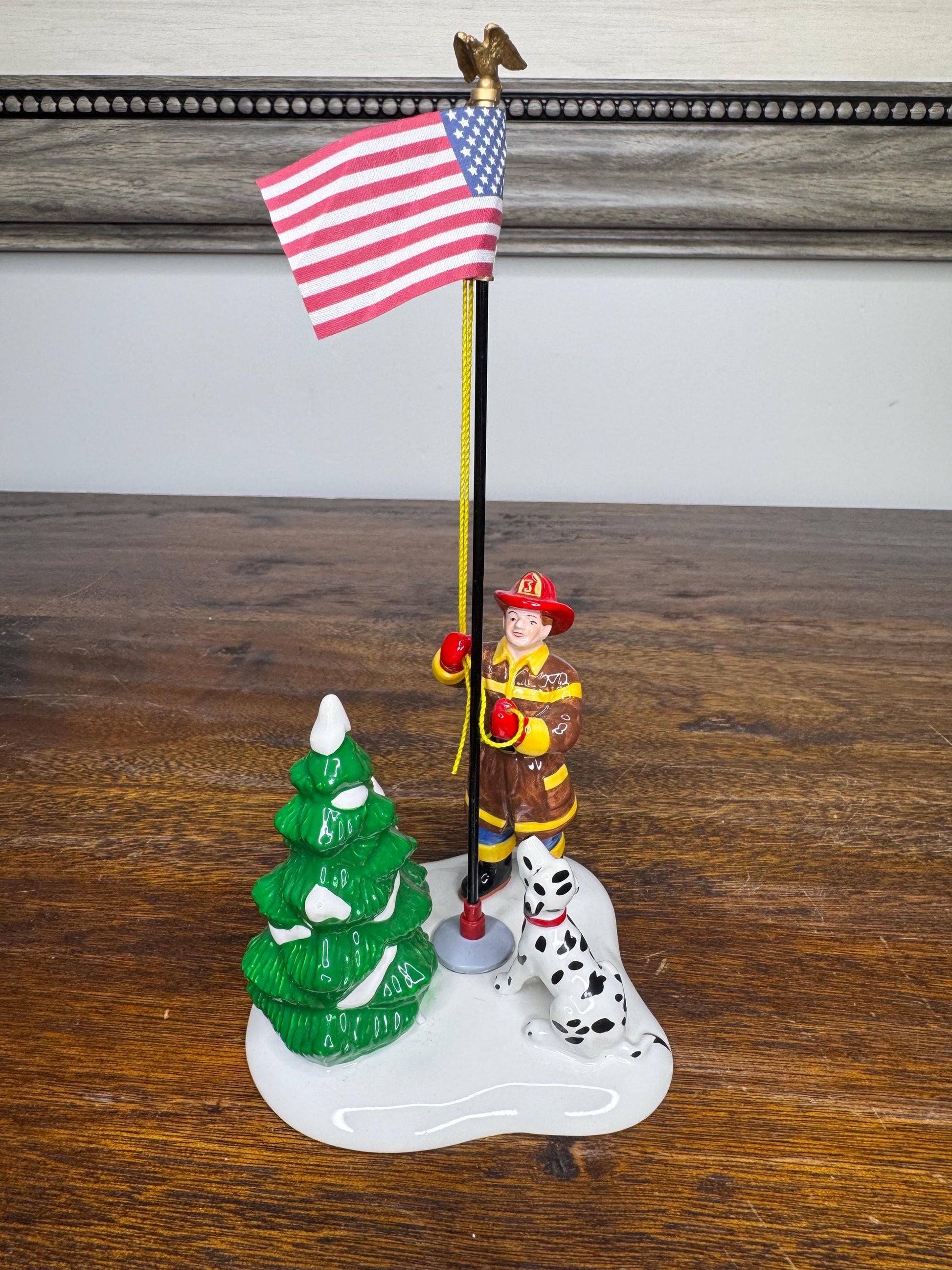 Retired Dept 56 Snow Village Raising the Flag Firefighter Figurine w/ Original Box