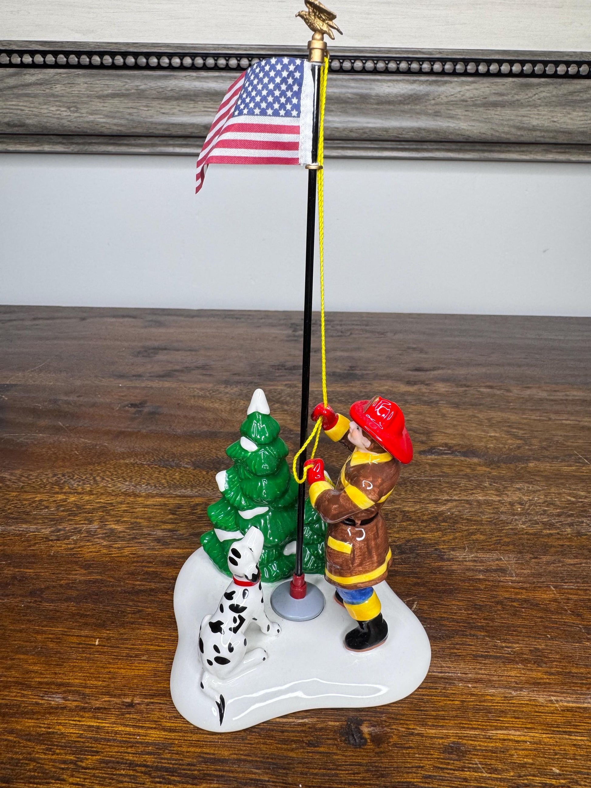 Retired Dept 56 Snow Village Raising the Flag Firefighter Figurine w/ Original Box