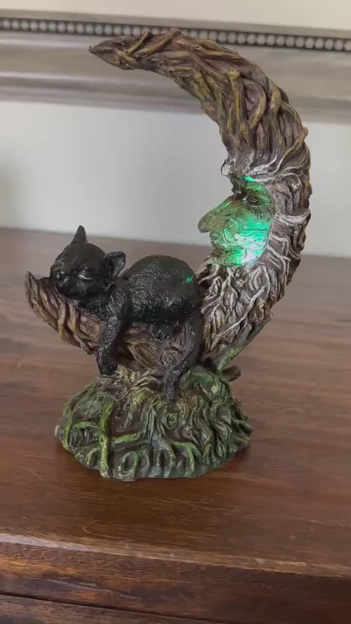 Brand NIB LED Light- Up Black Cat Sleeping on Moon Figurine